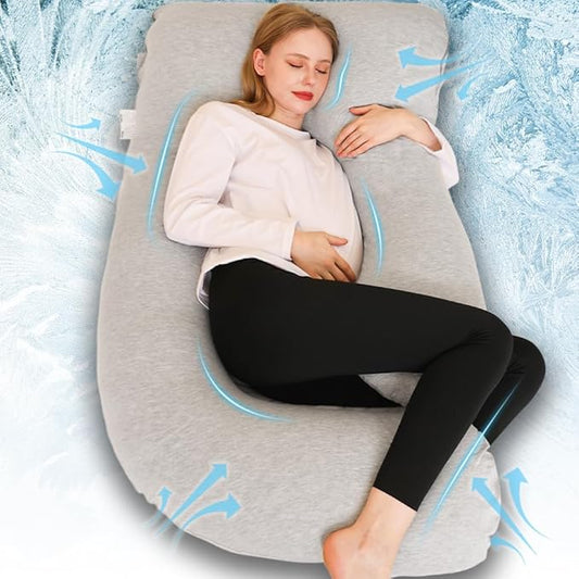 Chilling Home Pregnancy Pillow, Full Body Maternity Pillow for Pregnant Women, 63 inch Comfort U Shaped Pillow with Removable Washable Cover Cooling Jersey - Grey