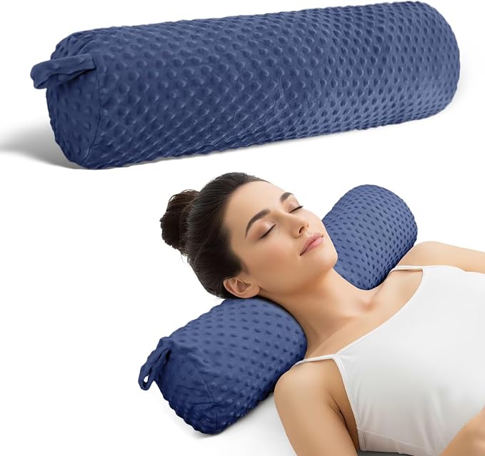 Roll Cervical Pillow for Neck Pain Relief 24IN Navy Blue Large Round Neck Pillows for Sleeping,Short Memory Foam Bolster Cushion for Legs and Back