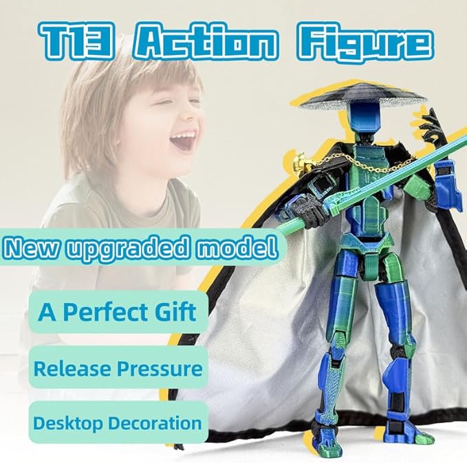 Assembly Completed T13 Action Figures,T 13 Action Figure, Robo 13 3D Printed Action Figure - The Ultimate Hero for Action-Packed Playtime,5.2 Inch (Blue Green)