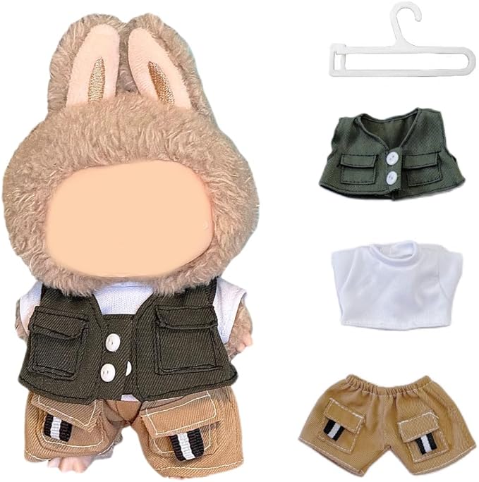 Doll Clothes Set for 15cm/17cm Dolls Outfit Accessories, White T-Shirt + Dark Green Vest + Brown Jeans + Clothes Hanger, No Doll Included (NO Dolls)