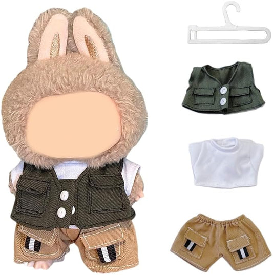 Doll Clothes Set for 15cm/17cm Dolls Outfit Accessories, White T-Shirt + Dark Green Vest + Brown Jeans + Clothes Hanger, No Doll Included (NO Dolls)