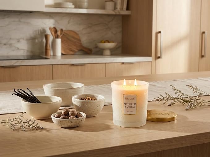 Bellevue Luxury Candles, 12 OZ Soy Blend Candle, Embossed Glass, Fragrances formulated with Essential Oils, Home Fragrances, Scented Candles Gift Set ǀ Scent: Monk Fruit & Vanilla
