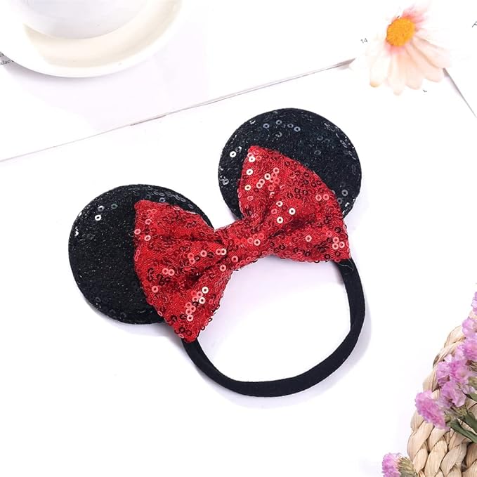 JIAHANG Mouse Ear Nylon Headband with Sequin Bow, Soft Elastic Hair Bow Hair Band, Party Headwear for Baby Newborn Infant Toddlers, kids, Gilrs Party Supplies