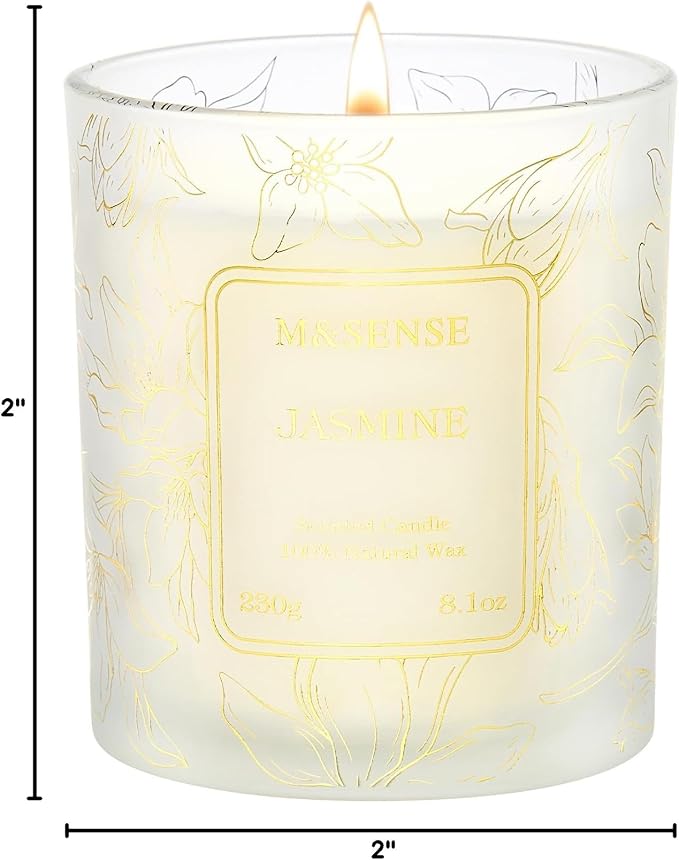M&SENSE Jasmine Soy Candle, 8.1oz Gilded Glass Floral Gift | 42H Long Burn, Non-Toxic Soy, Gilded Glass, Romantic Floral Scent, Warmer Compatible, Reusable Vase