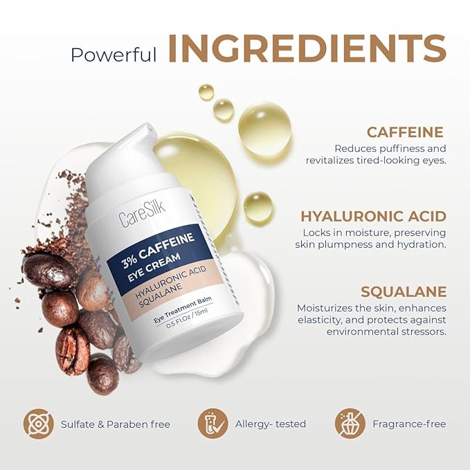 Caffeine Eye Cream for Puffy Eyes Treatment + Hyaluronic Acid & Squalane - Under Eye Cream, Dark Circles Under Eye Treatment, Under Eye Corrector Serum - 0.5oz