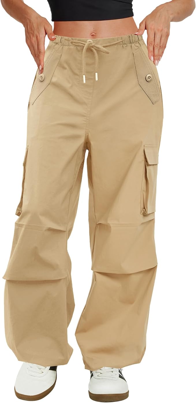 COPYLEAF Cargo Pants Women Low Waisted Parachute Pants with Pockets Loose Baggy Hiking Pants Y2K Clothes