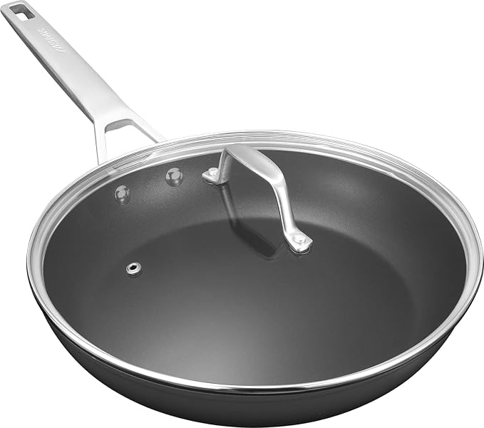 MsMk 11 Inch Nonstick Frying pan with Lid, Grey Large Cooking Pan Skillet | Non Toxic, Even Heating, Easy Clean, Dishwasher & Oven Safe, suitable for gas & electric & induction stoves, PFOA & PFAS Free