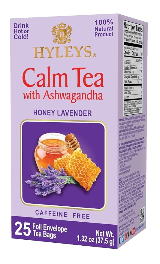HYLEYS Calm Tea with Ashwagandha, Lavender and Honey, 150 Individually Wrapped Tea Bags (6 Pack of 25) - Caffeine Free Sleep Tea - Gluten Free Vegan & Plant Based