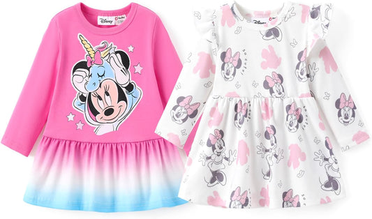 Disney Frozen Elsa Stitch Princess Minnie Mouse Toddler Girl Dresses 2 Pack Ruffle Long Sleeve Dress Set (3 Months - 6 Years)