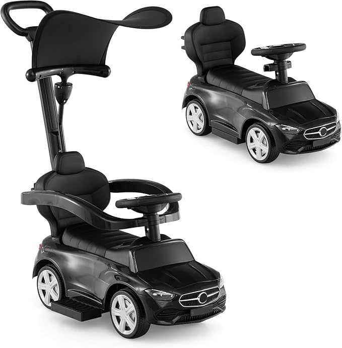 Licensed Mercedes Benz Push Car for Toddlers by INFANS, 3 in 1 Sliding Walking Car with Push Handle, Horn, Music, Underneath Storage, Foot-to-Floor Ride on Toys for Boys Girls, Black