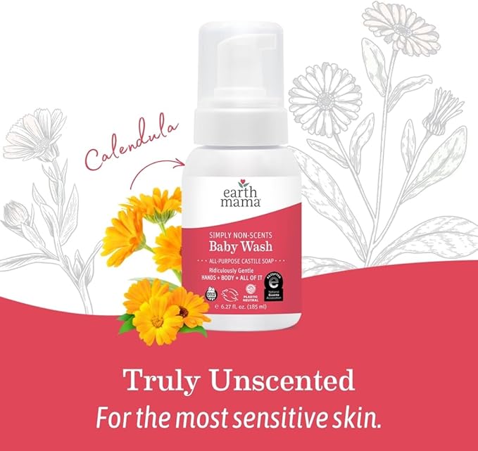 Earth Mama Simply Non-Scents Baby Wash Foaming Hand Soap, Organic All--Purpose Fragrance Free Body Wash for Sensitive Skin, Castile Soap with Coconut Oil, Shea Butter, Calendula, & Aloe, 5.3 fl oz