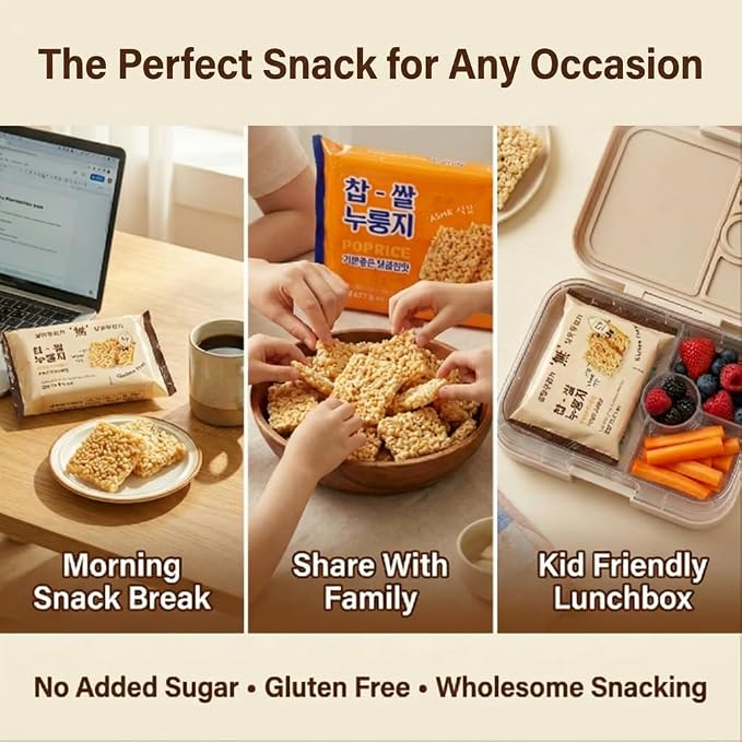 Korean Crunchy Baked Seaweed Rice Crackers (Plain Pop Rice 10.2oz) | Crunchy baked korean crackers & pop rice; alternative to japanese rice crackers; traditional crispy nurungji snack packs