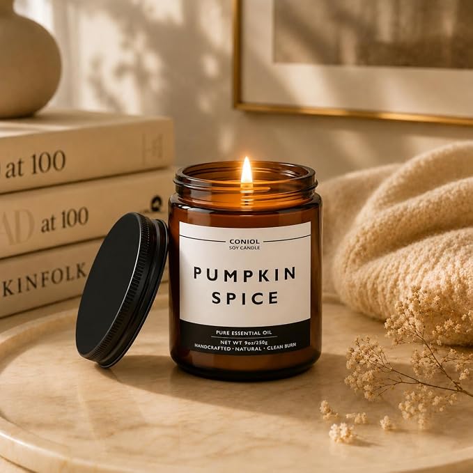 Pumpkin Spice Scented Candles for Home, Natural Soy Wax Candle with Essential Oils, 9oz Amber Jar Aromatherapy Candel, 50H Long & Non-Toxic Burning, Hand Poured, Giftable, Relaxation, Birthday