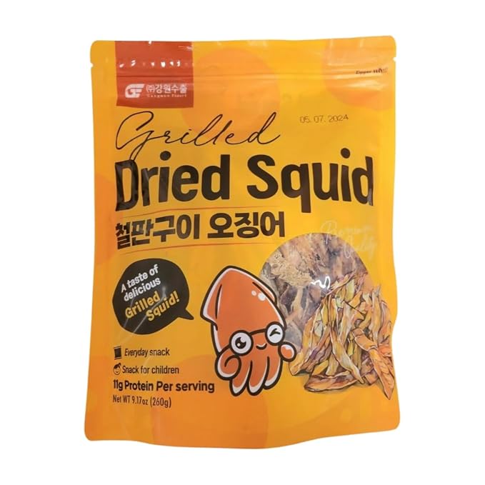 Gangwon Grilled Dried Squid Snack, Korean Squid Jerky, 11g Protein, 9.17oz | Grilled dried squid jerky · Resealable bag · High-protein Korean seafood snack for adults & kids · Authentic K-snack
