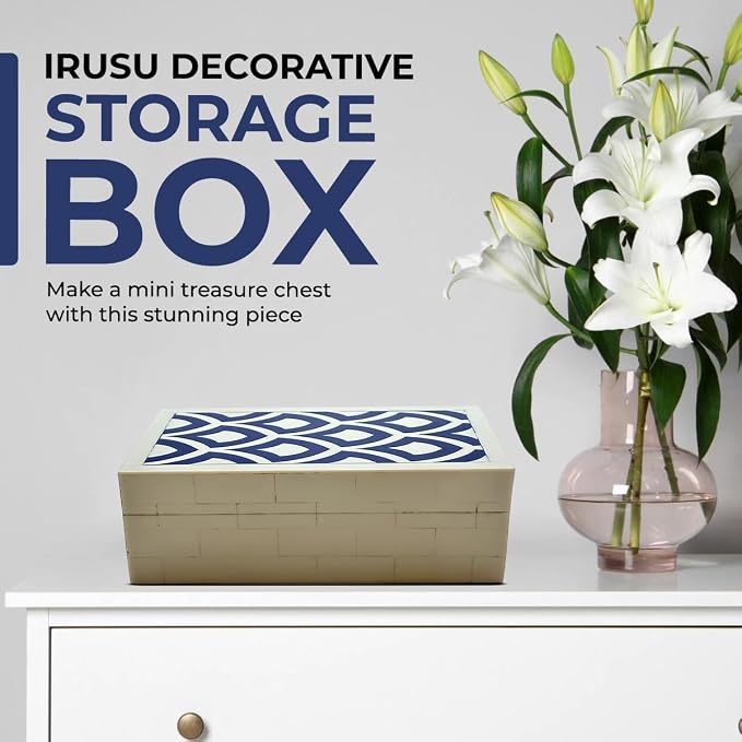 Perilla Home ﻿Home Decor Decorative Storage Wooden Box Small Rectangle Irusu Organizer Tool Stash Card Craft Book Treasure Trinket Memory Keepsake Jewelry Box Gifts For All Blue and Off White
