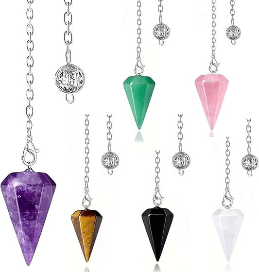 6 Pcs Crystal Pendulum Set, Natural Gemstone Hexagonal Cone Pendant, Includes Black Agate, Tiger Eye, Amethyst, White Crystal, Rose Quartz, Green Aventurine with Hollow Chain, Healing Divination Tools