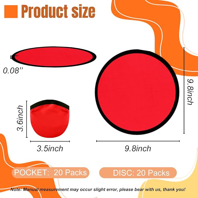 20PCS Foldable Flying Disc Fans with Bags, 9.8'' DIY Handheld Black Egde Fabric Folding Fan for Outdoor Game Activities Birthday Party Favors Gifts, Red