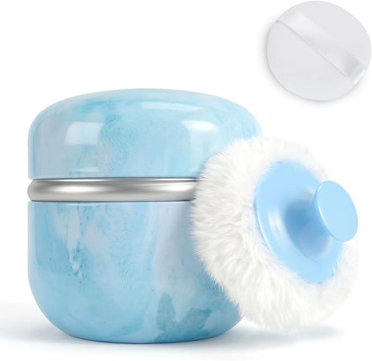 Shimido Body Powder Puff And Container, 3.15" Portable Empty Container For Baby Women's Loose Dusting Powder, Powder Case Box With Lids For Bath, Travel And Home Use (Aqua Blue)