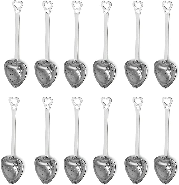 12Pcs Stainless Steel Tea Infuser Mesh Heart Shaped Tea Strainer Spoon Sugar Flour Sifters Filters Tea Interval Diffuser for Loose Leaf, Spices, Seasonings