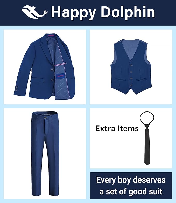 Happy Dolphin Boys Suit Set Modern Fit Kids Suits Adjustable Waist Boys Wedding Outfit for Boy Communion Suits for Boys