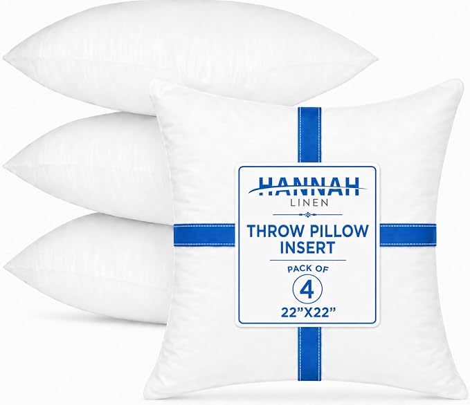 Hannah Linen Throw Pillow Inserts 22x22 – 4 Pack Square Cushion | Decorative Cushion Stuffers for Couch, Sofa & Bed – Soft Fluffy Polyester Filled Pillow Inserts for Indoor Home Décor