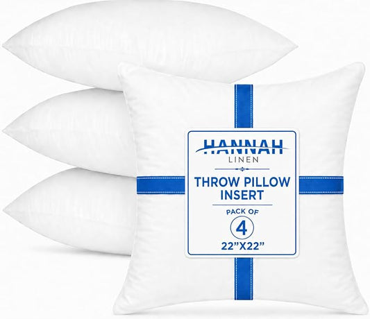 Hannah Linen Throw Pillow Inserts 22x22 – 4 Pack Square Cushion | Decorative Cushion Stuffers for Couch, Sofa & Bed – Soft Fluffy Polyester Filled Pillow Inserts for Indoor Home Décor