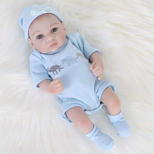 ENADOLL Reborn Baby Boy Doll Realistic Silicone Vinyl 10 inch Soft Body Lifelike Doll Gift Set for Ages 3+ (Open Eyes Blue boy)
