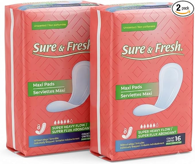 Sure & Fresh® Maxi Pads, Super Heavy Flow, Unscented, Without Wings, Individually Wrapped, 2 Pack of 16 Count