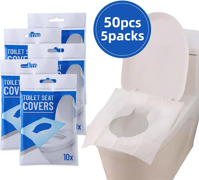 Flushable Toilet Seat Covers - 14x16.5" Individually Wrapped, 50 Count(5x10 Pack) | Disposable & Portable for Travel | For Airplane, Camping, Public Restrooms | Adult & Kids Potty Training