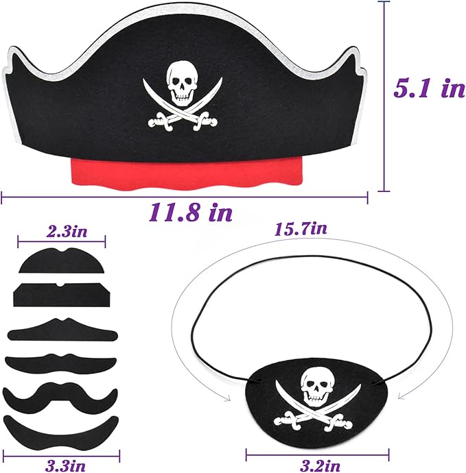 Halatool 12 Set Pirate Accessories for Kids, Include 12 Felt Pirates Hats with 12 Eye Patches and 12 Mustaches, Pirate Costume Accessories for Halloween, Masquerade, Cosplay, Party Favors Decor