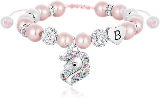 C-leen Unicorn Bracelet Gifts for Teens, Adjustable Pink Pearl and Rhinestone Balls Heart Initial Unicorn Bracelets Jewelry Gift for Birthday Christmas gifts