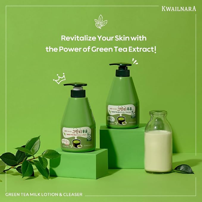 Kwailnara Green Tea Milk Body Wash & Lotion Set (19.75 Oz Each) – 2-Piece Korean Skincare Duo for Revitalized Skin | Milk Protein, Royal Jelly & Clarifying Green Tea Extract | Paraben-Free
