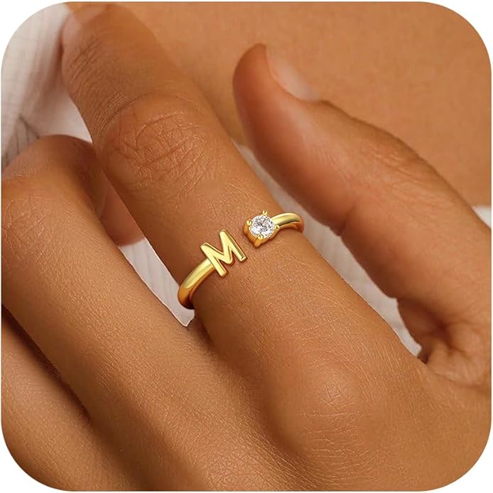 Valentines Day Gifts for Kids Teen Girls, 14K Gold Plated Adjustable Initial Rings for Women Teen Girl Trendy Stuff Birthday Valentines Day Gifts for Women Wife Mom Jewelry