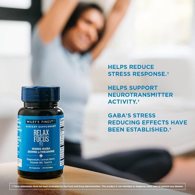 Wiley's Finest Relax Focus - Daily Supplement for Stress Support - Contains L-Theanine, GABA, Vitamin B6 & Magnesium - 30 Capsules (30 Servings)