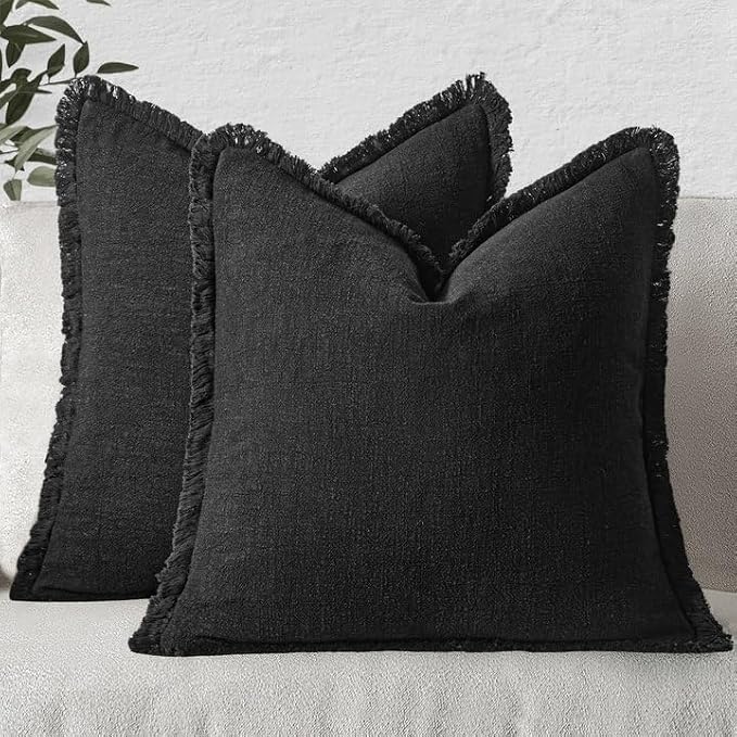 MIULEE Boho Linen Fringe Decorative Euro Throw Pillow Covers Black 24x24 | Set of 2, Cottagecore Decor, Boho Farmhouse Neutral Pillow Covers, Rustic Couch Cushion Cases for Sofa Bed Living Room