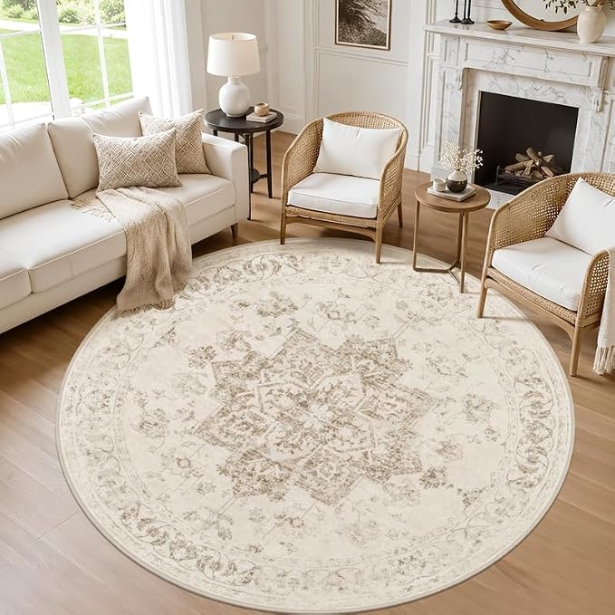 Round Area Rug for Living Room: 8ft Vintage Boho Neutral Washable Circle Rug Soft Large Circular Carpet for Bedroom Nursery Farmhouse Dining Room Office Floor Non-Slip Low Pile Under Table Beige/Ivory