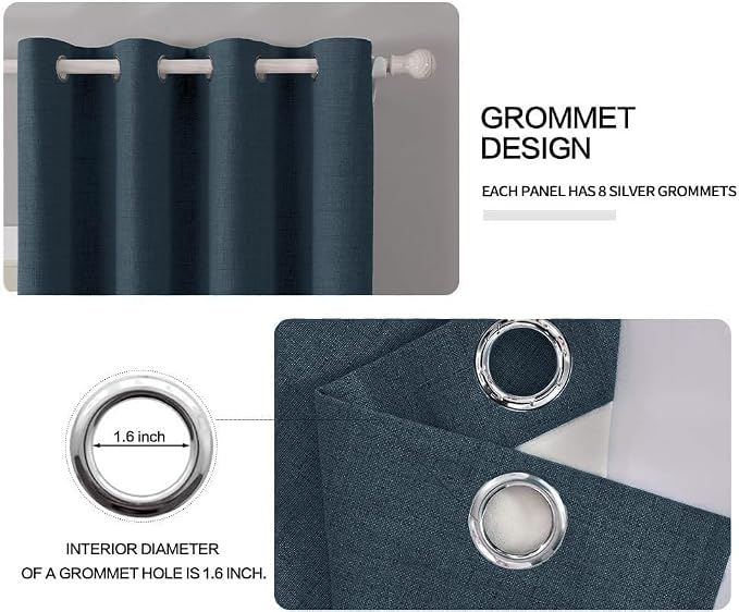 MIULEE 100% Blackout Linen Textured Curtains for Bedroom Solid Thermal Insulated Navy Grommet Room Darkening Curtains & Drapes Luxury Decor for Living Room 52 x 45 Inch (2 Panels)