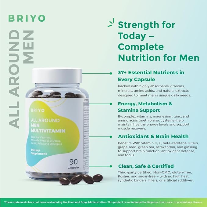Briyo All Around Men - Multivitamin for Men with 38 Essential Vitamins, Minerals, Omega 3 and Plant Extracts – Supports Energy Immunity – Live Strong with One Daily Clean Capsule