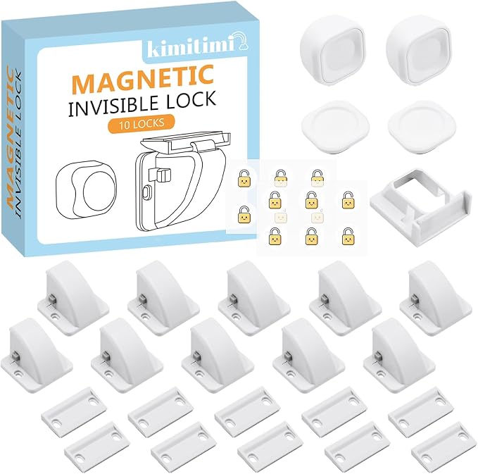 10 Pack Magnetic Cabinet Locks Baby Proofing - Child Safety Cabinet Latch Locks with Adhesive, No Drill or Tools Installation, for Cabinets Drawers Doors