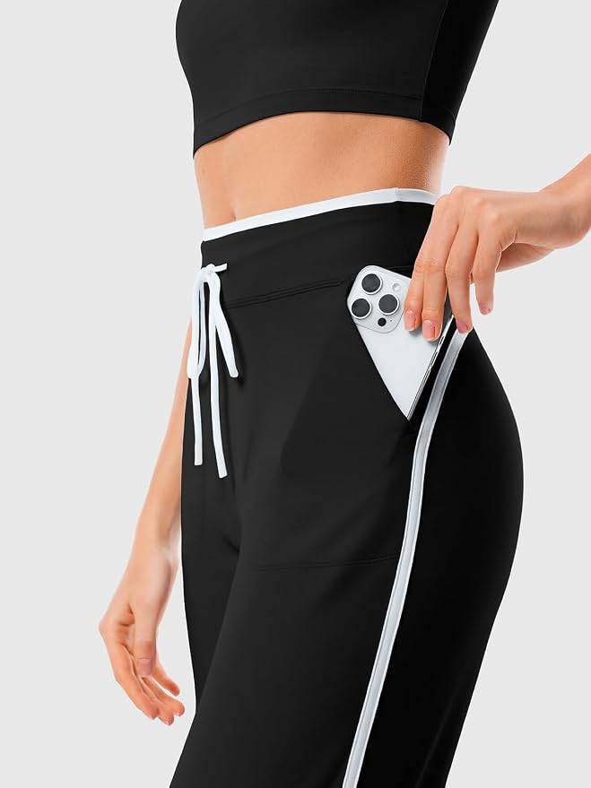 Women's Wide Leg Yoga Pants with Side Stripe, High Waisted Color Block String Lounge Pants, Workout Flowy Track Pants with Pockets