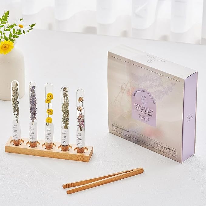 KKOKDAM Premium Flower Tea Stick Sampler with Wooden Tray - 5 Handcrafted Blooming Herbal Tea Variety Pack in Glass Tubes, Women & Mom Gift Box