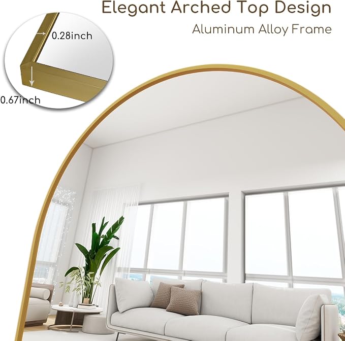 Dewfig Mirror Full Length, 64"X20" Arched Floor Mirror, Gold | Aluminum Alloy Frame Full Body Mirror, HD Shatterproof Tempered Glass, Lean/Stand/Wall for Living Room,Bedroom, Dressing Room