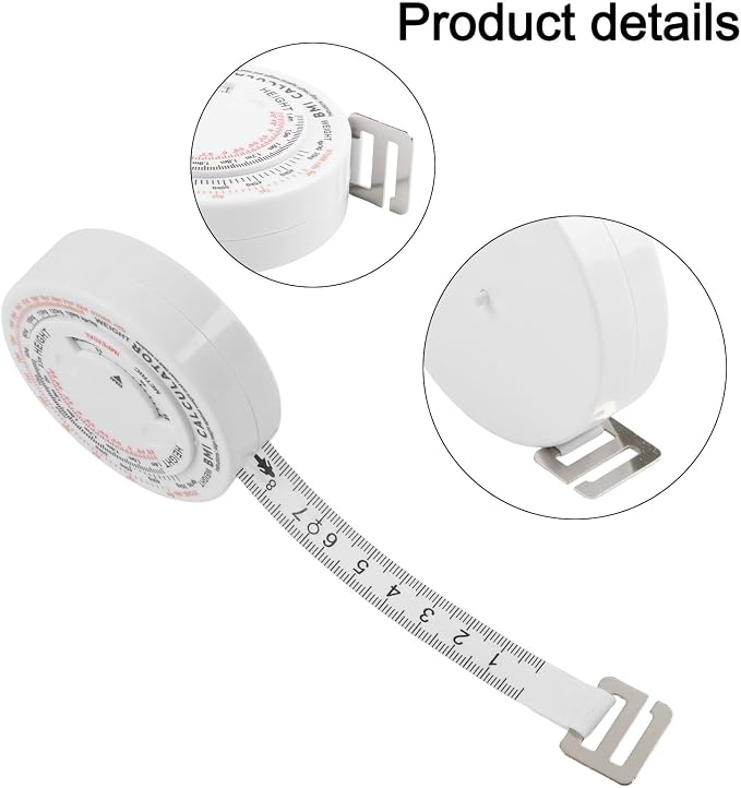 150cm Retractable BMI Tape Measure Body Mass Index Calculator for Diet Fitness Tracking White Plastic Ruler with Push-Button Lock for Waist Hip Chest Thigh Calf Measurement Easy Self-Use Tool