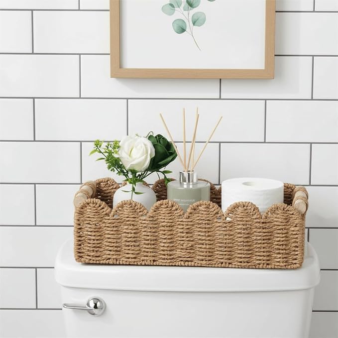 CubesLand Scalloped Toilet Paper Storage Basket W/Handle for Home Decor | Paper Rope Toilet Organizer Basket for Countertop, Over Toilet Shelf, End Table, Living Room, Bedroom Decor & More, Neutral