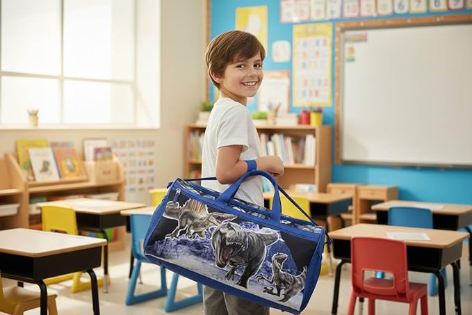 Jurassic World Kids Duffle Bag 16.5" – Dinosaur Travel & Sports Bag with Zipper Pocket, Mesh Side Pockets & Strap