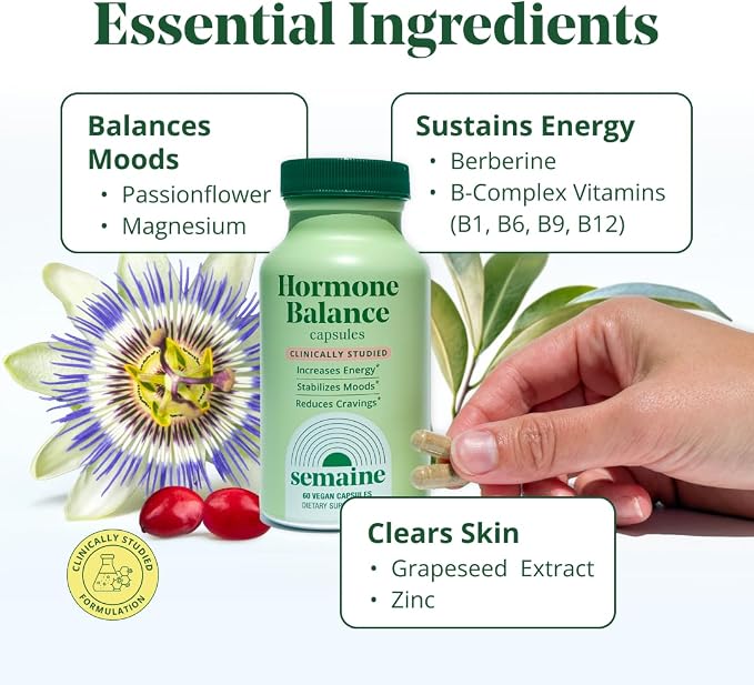 Semaine Hormone Protocol - Mood, Energy, Deeper Sleep, Hot Flashes & Skin Support, Clinically-Studied Ingredients - 1 Month