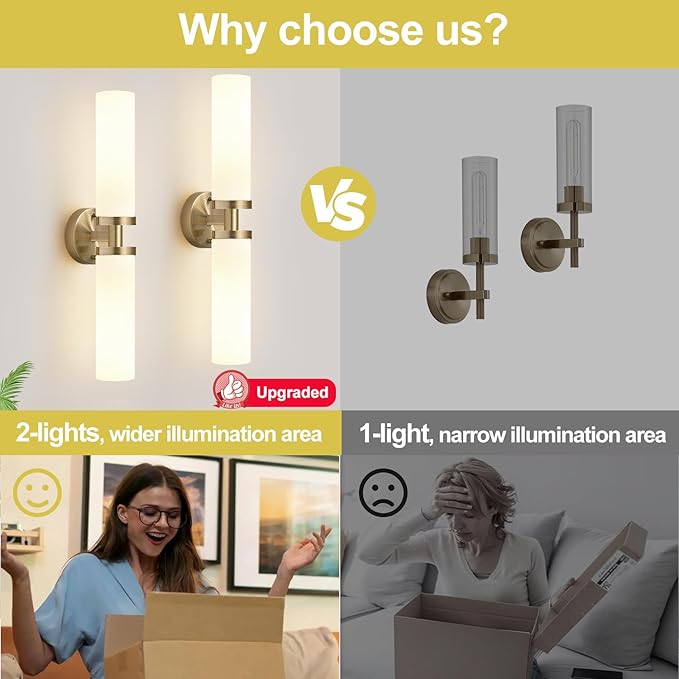 Indoi Wall Sconces Set of Two, Hardwired Brass Bathroom Sconces Wall Lighting with Milky White Glass, Modern Sconces Wall Decor Set of 2 Bathroom Light fixtures for Mirror Living Room Hallway Bedroom