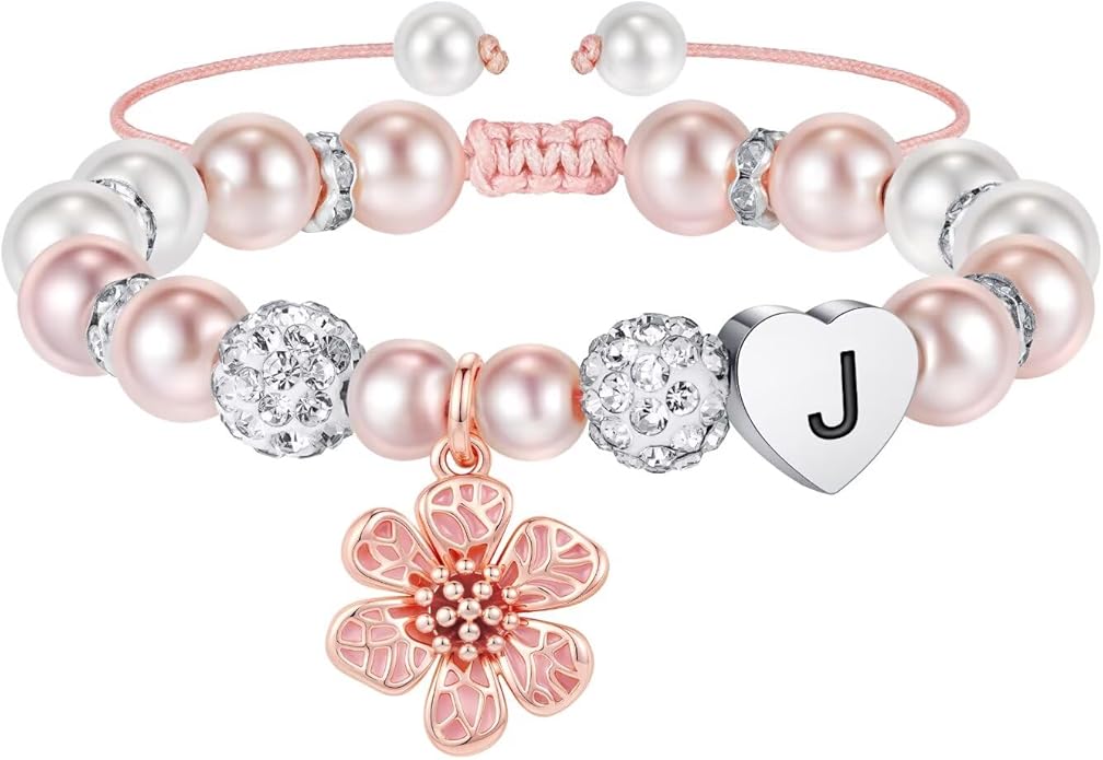 MONOOC Valentines Gifts for Kids Girls - Initial Flower Charm Bracelets for Girls, Adjustable Pearl and Rhinestone Beaded Bracelet Heart Initial Bracelets Jewelry for Flower Girl Gift Birthday Gifts