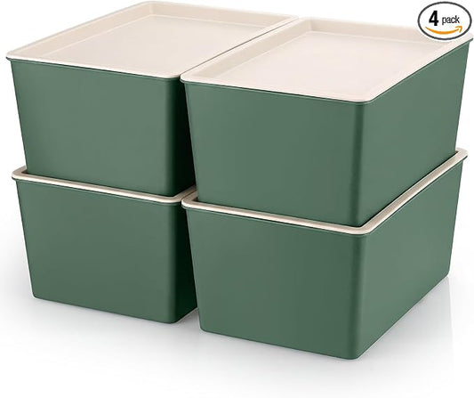 4 Pcs Storage Bins with Lids Plastic Stackable Containers for Classroom Room Organizing Shelves Christmas Ornament Box Baskets(Green,Large)