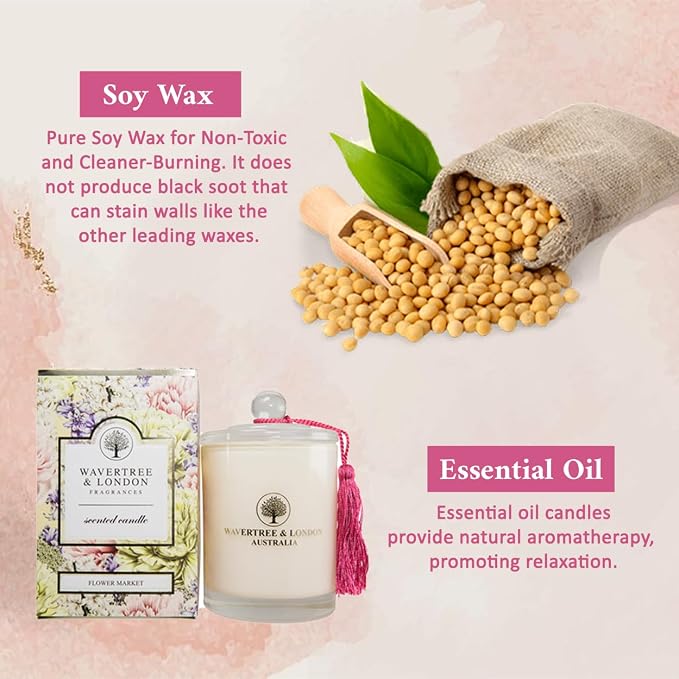 Wavertree & London Organic Flower Market Scent Soy Wax Candle | Non Toxic 100% Cotton Wick Triple Scented Pure Natural Soy Wax Candles, Hand Poured in Australia | 60 Hours Burning Time, 11.66 Oz